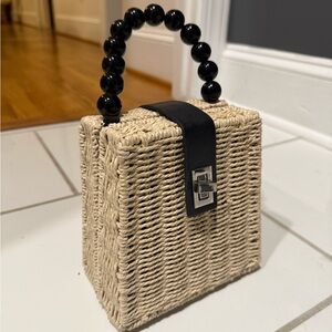Elegant Black and Beige/Tan Woven Straw Square Structured Handbag Bamboo Handle
